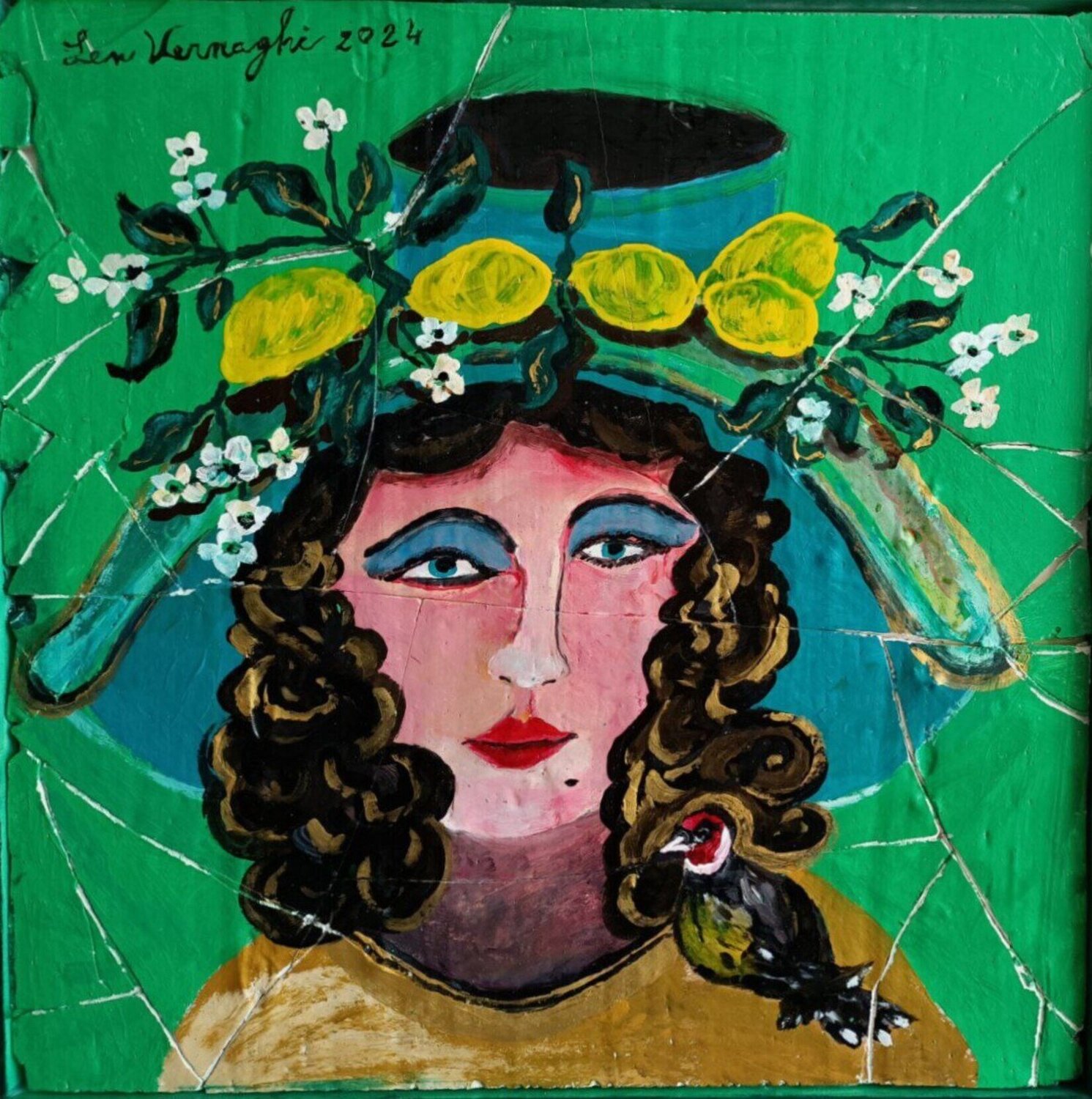 LA DAMA DEL CARDELLINO Len Vernaghi Original painting for sale
