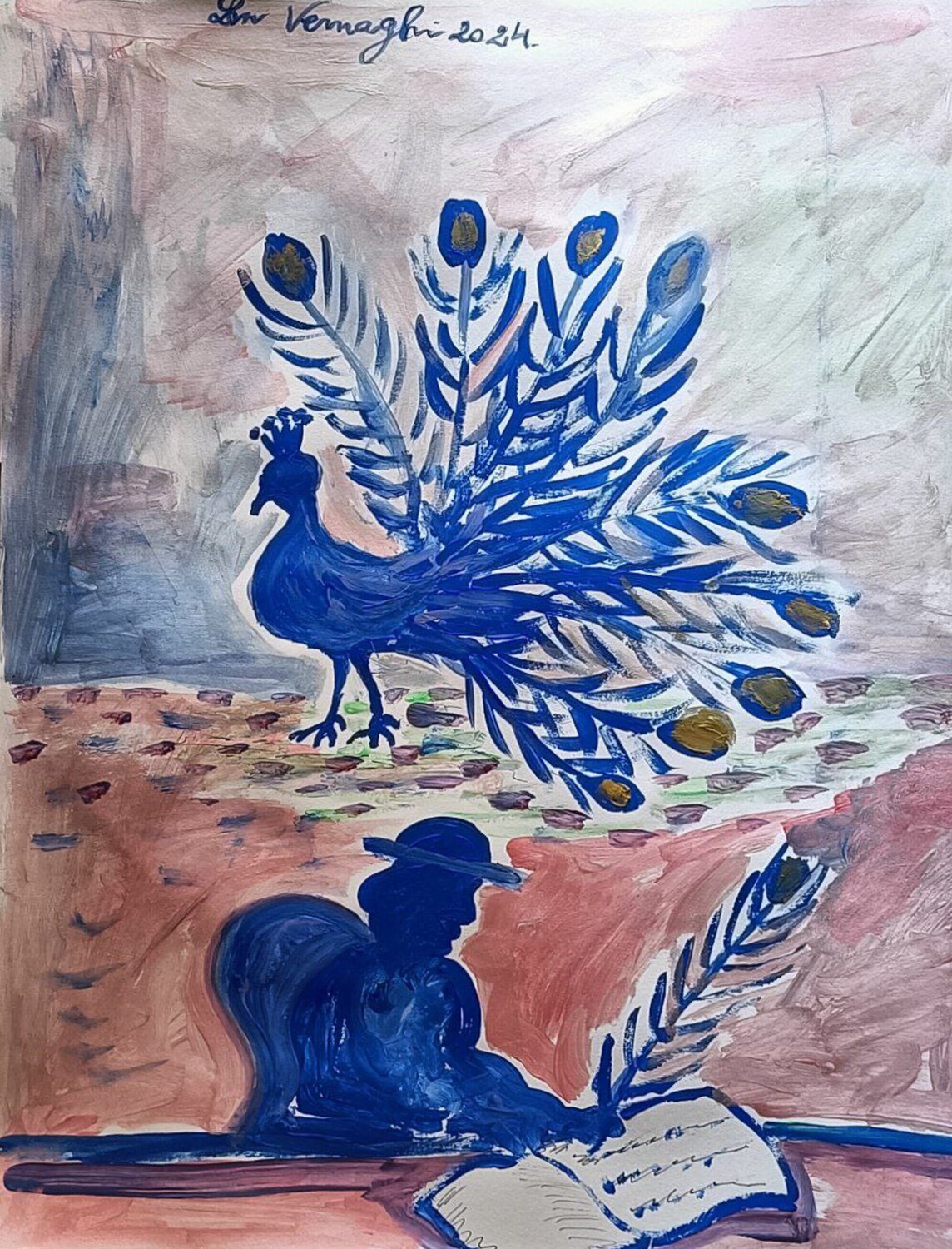 IL PAVONE E LO SCRITTORE Len Vernaghi Original painting for sale