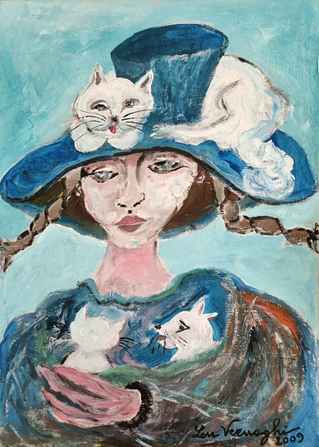 Ragazza con gatti Len Vernaghi Original painting for sale