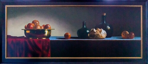 Copper bowl, bottles, bread and granate poms by Cornelis de Koning, Painting for Sale on Select