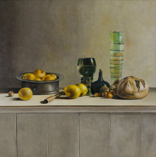 Still life with lemons, appels, glaswork and bread by Cornelis de Koning, Painting for Sale on Select