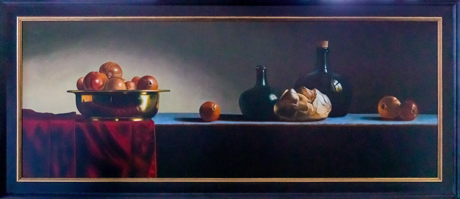 Copper bowl, bottles, bread and granate poms Cornelis de Koning Original painting for sale