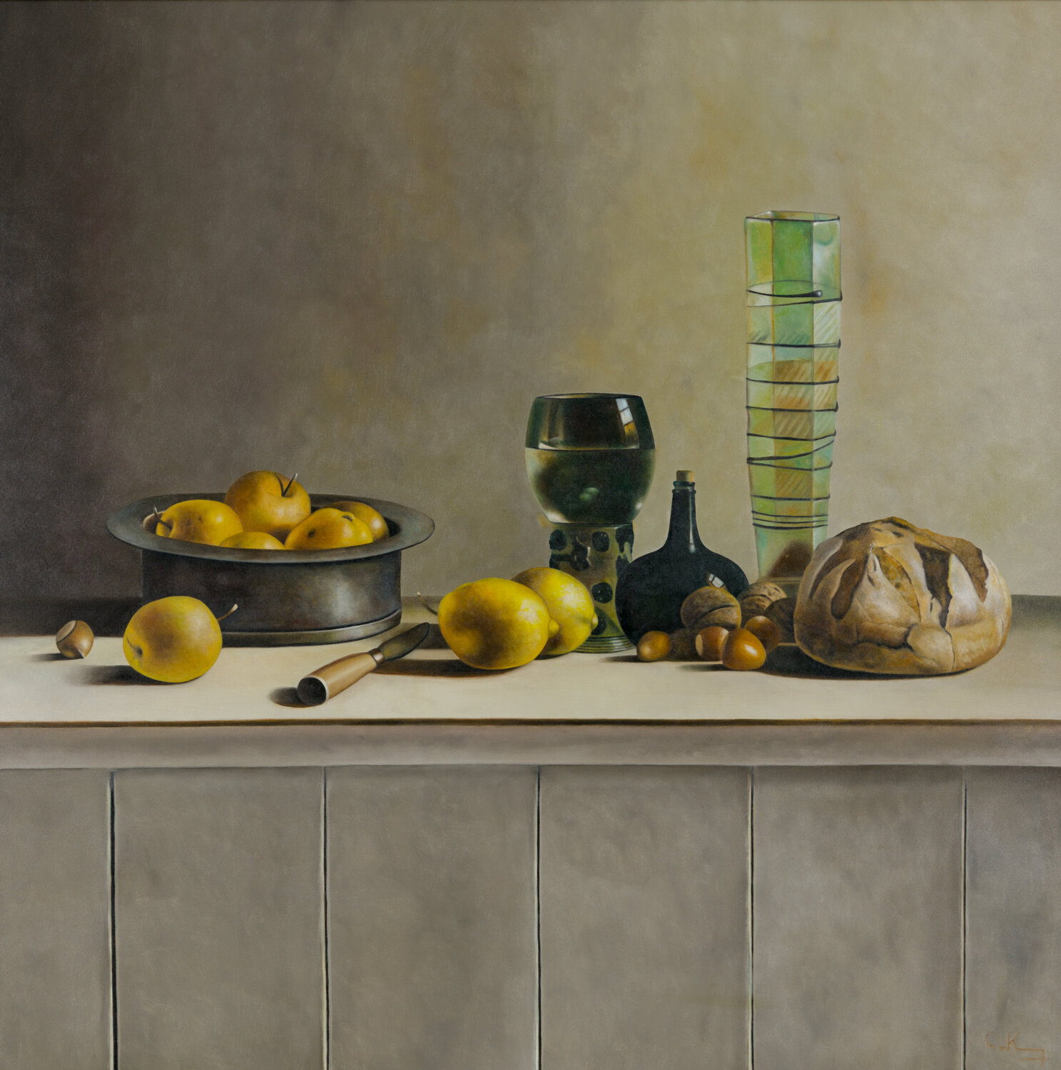 Still life with lemons, appels, glaswork and bread Cornelis de Koning Original painting for sale