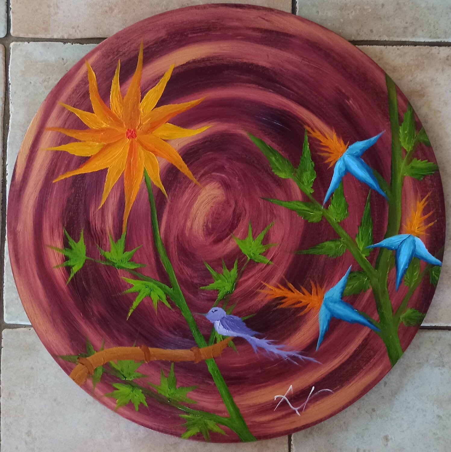 Fantasie Blume und Vogel Christian Tschierske Original painting for sale