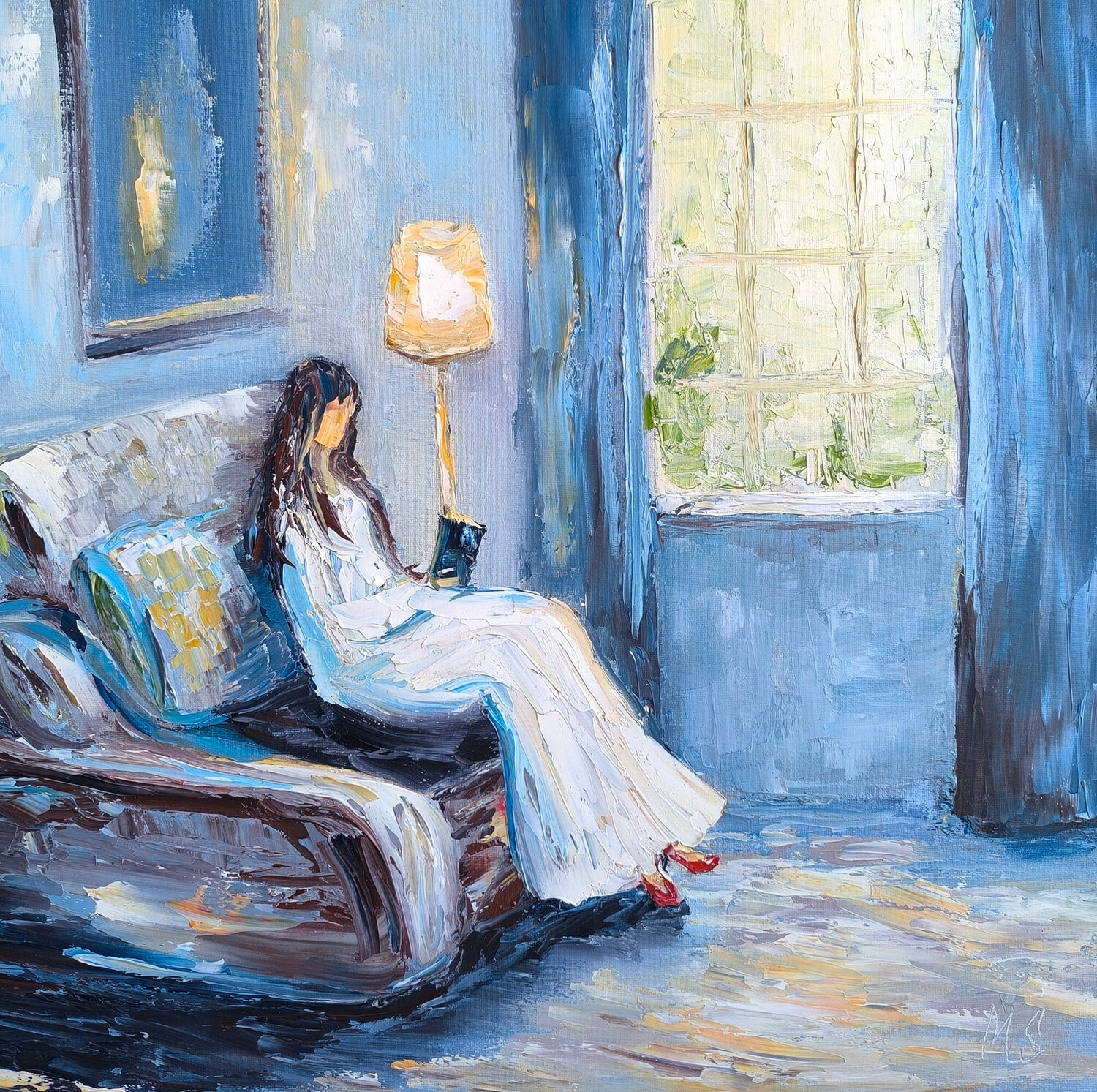 Reading in Red Shoes Maria Slynko Original painting for sale