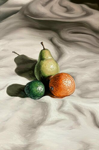 Pear, lime and orange by Elena Dmitrenko, Painting for Sale on Select