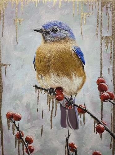 Bluebird on the red berries by Elena Dmitrenko, Painting for Sale on Select