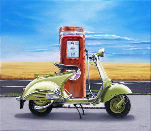 Vespa con distributore rosso by Francesco Capello, Painting for Sale on Select
