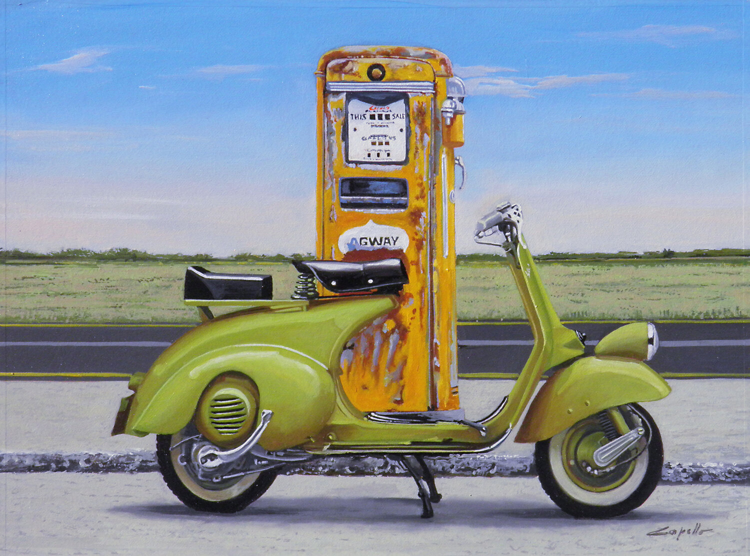 Vespa verde con gasolin giallo Francesco Capello Original painting for sale