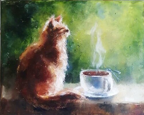Morning, Cat and coffee by Galina Kolomenskaya, Painting for Sale on Select
