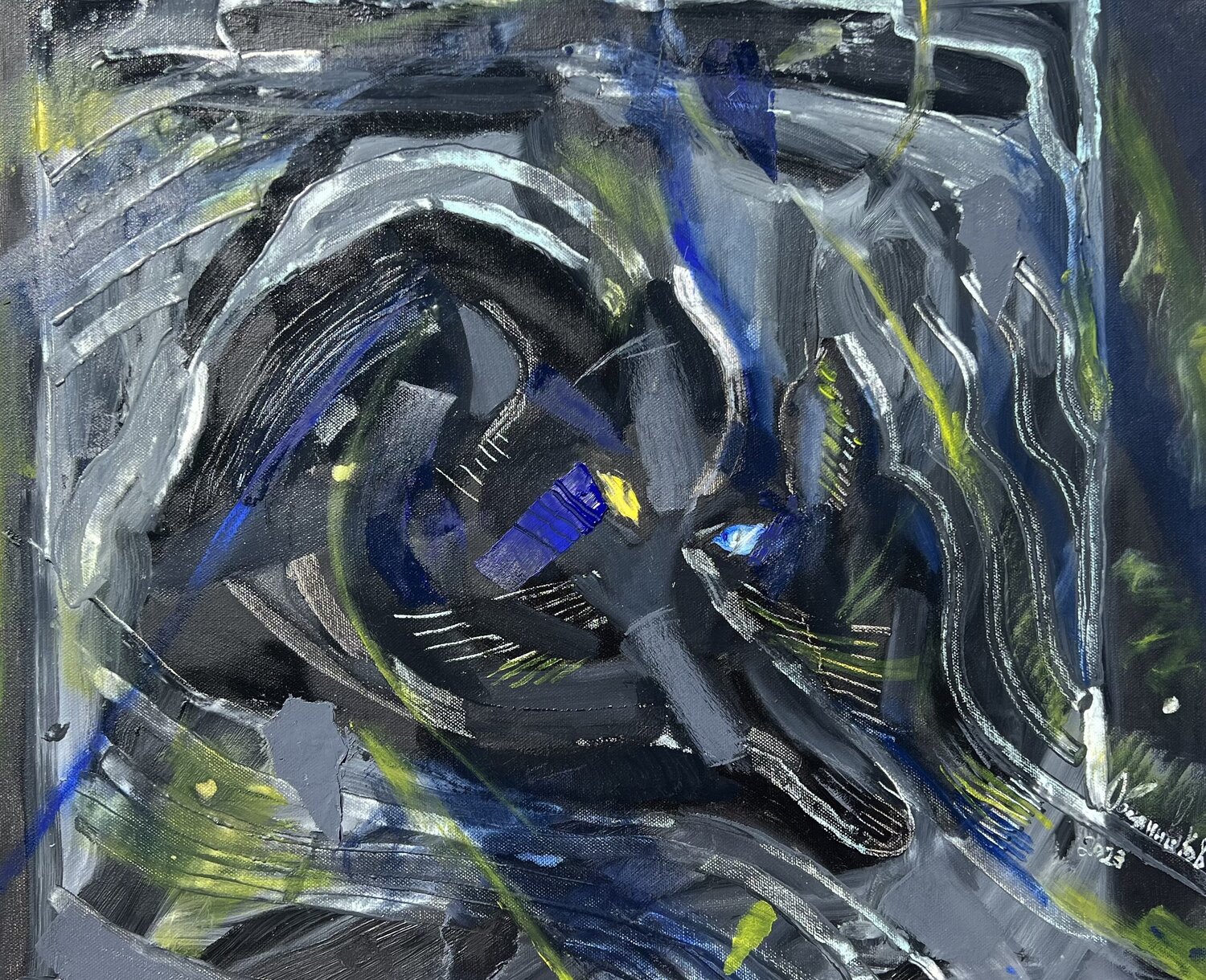 Is the black cat in the black room alive or dead ? Aleksey Ovsyannikov Original painting for sale
