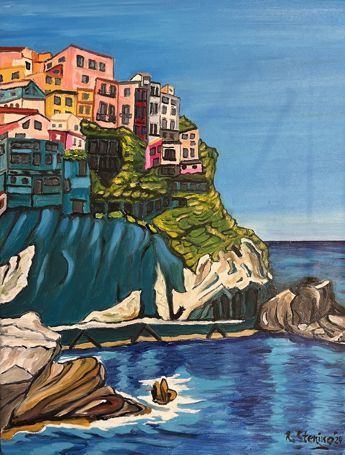 Mediterranes Dorf an der Küste Reiner Stening Original painting for sale
