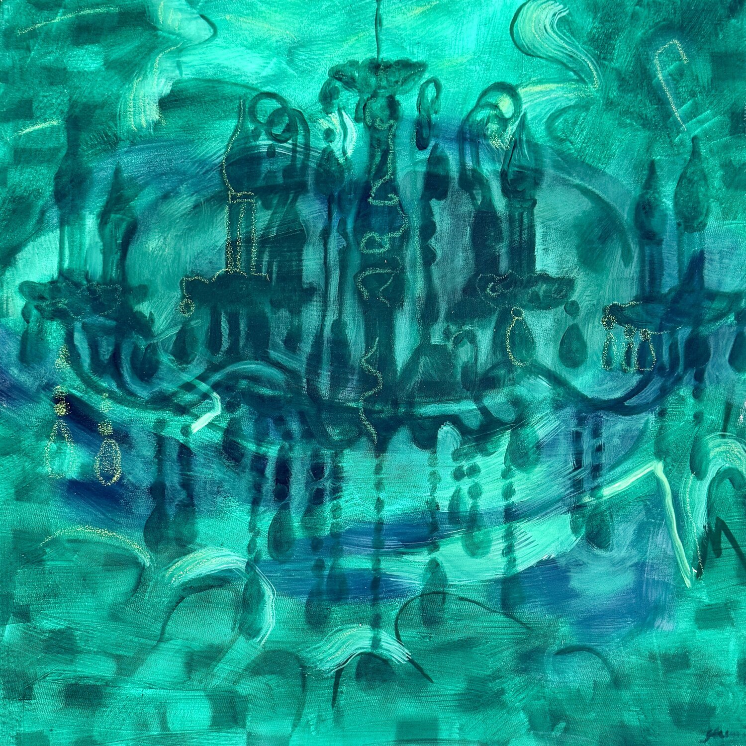 CHANDELIER grün blau Sabine Hemming Original painting for sale