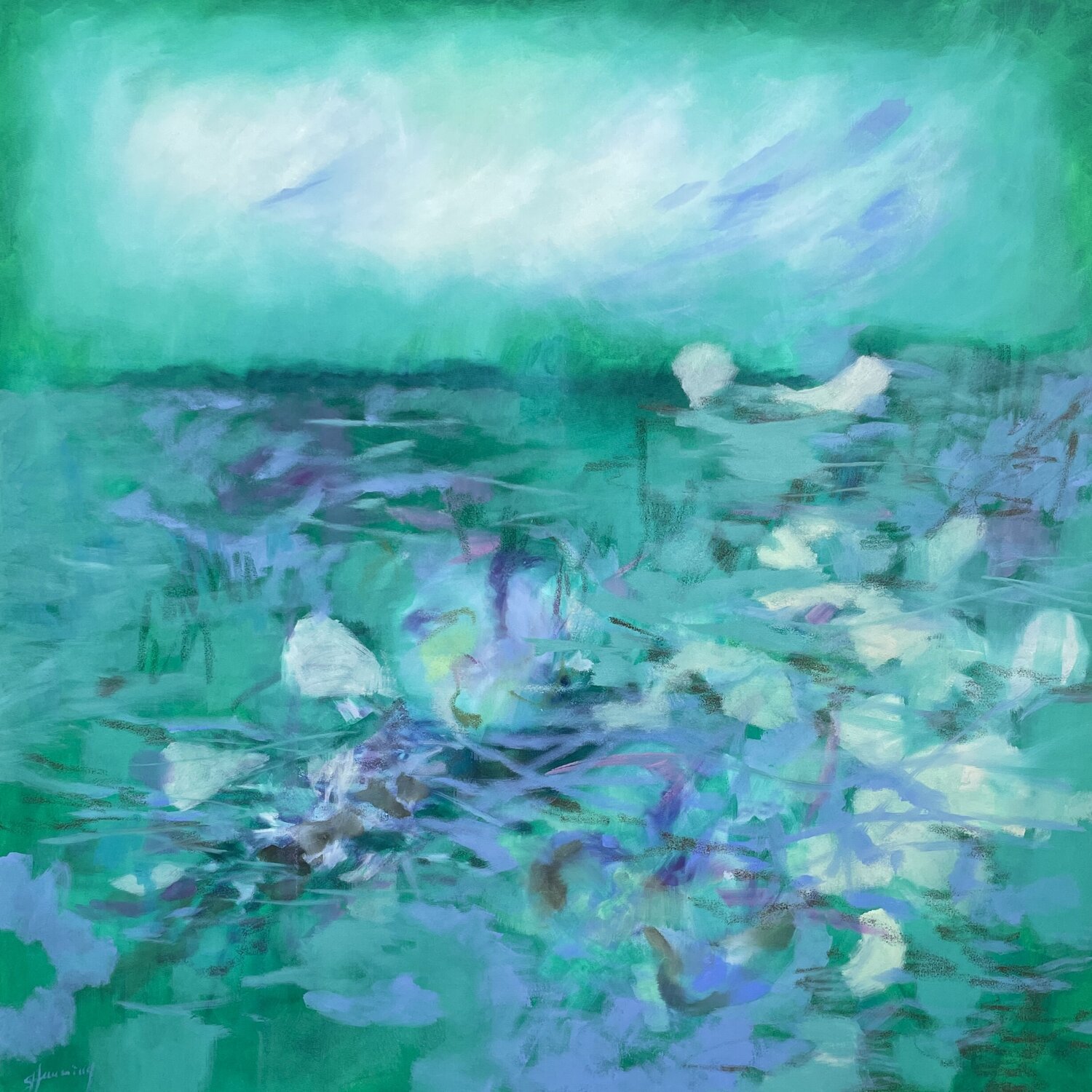 GREEN EYES at the waters edge Sabine Hemming Original painting for sale
