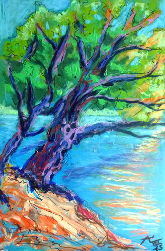 blaue Bäume am Seeufer by Johann Acher, Painting for Sale on Select