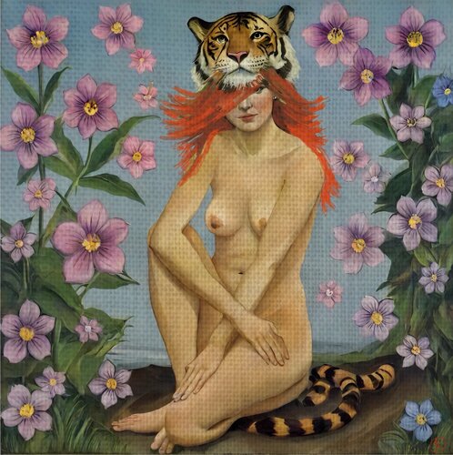The Primordial Muse (Tigress and Flower)" by Marina Fedorova, Painting for Sale on Select