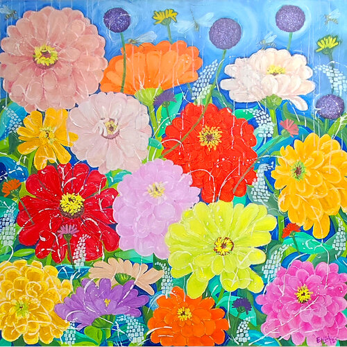 Zinnien by Ewa Jablonski, Painting for Sale on Select