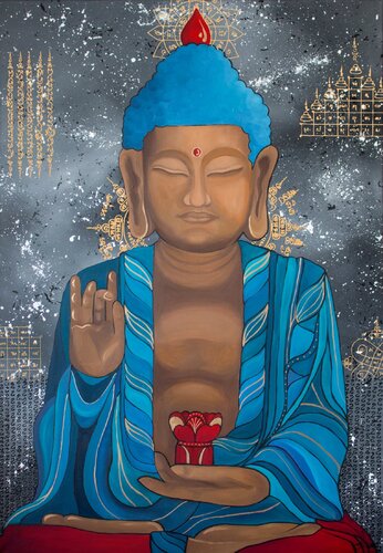 Buddha Meditation in a blue robe - Mantra by Monika Mrowiec, Painting for Sale on Select