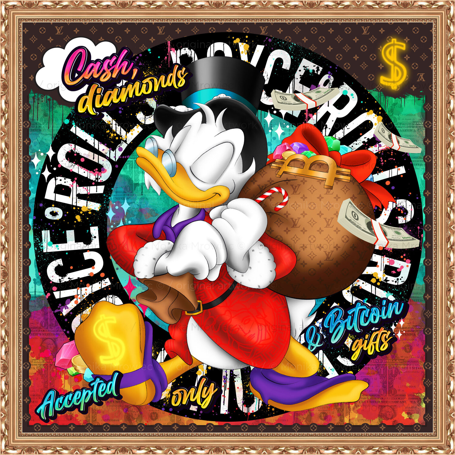 Cash, diamonds & Bitcoin gifts accepted only - Scrooge McDuck Monika Mrowiec Original painting for sale