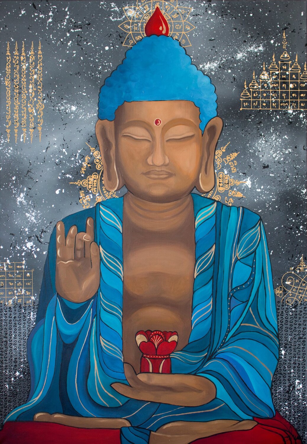 Buddha Meditation in a blue robe - Mantra Monika Mrowiec Original painting for sale