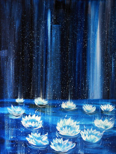 Celestial Blue Lotus Rain by Tetiana Surshko, Painting for Sale on Select