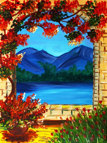 Crimson Bloom Over Azure by Tetiana Surshko, Painting for Sale on Select