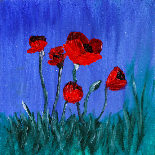 Red Poppies on Blue by Tetiana Surshko, Painting for Sale on Select