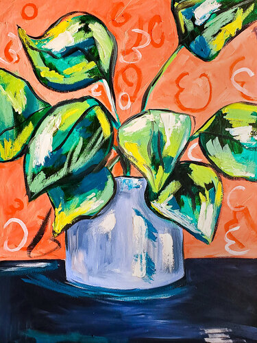 Green Leaves on Coral by Tetiana Surshko, Painting for Sale on Select