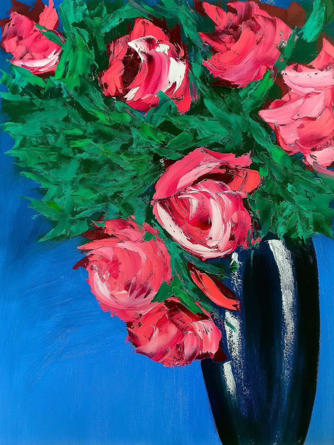 Pink Roses Blue Vase Tetiana Surshko Original painting for sale