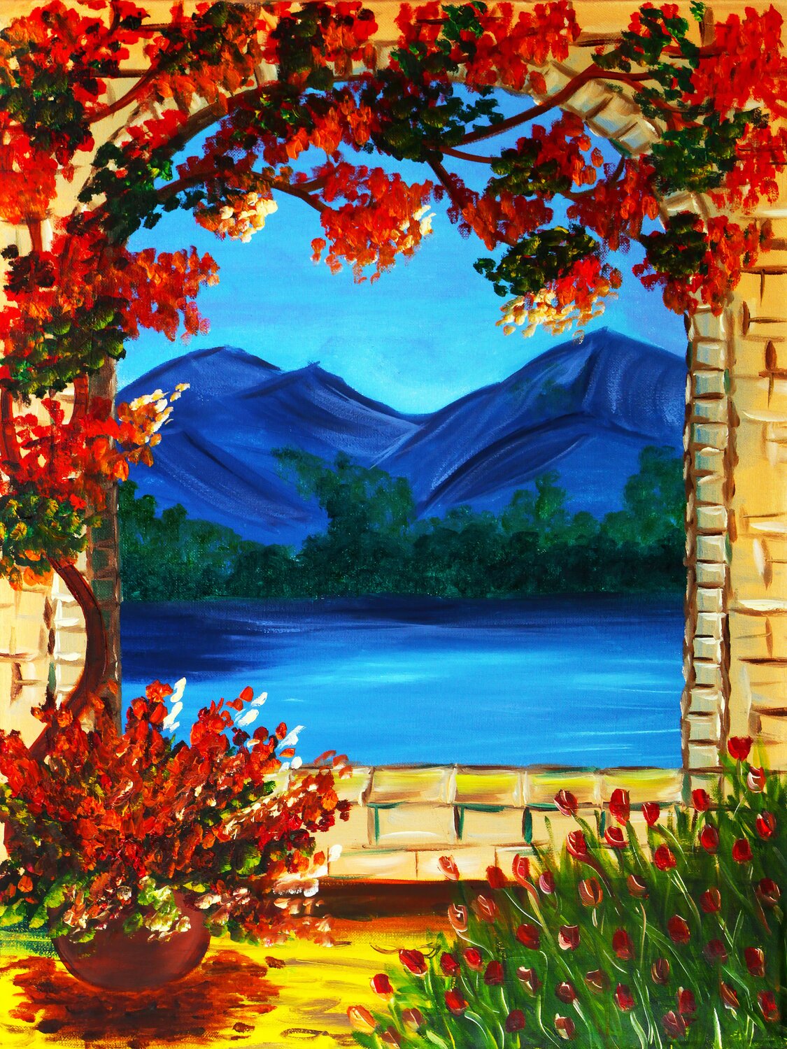 Crimson Bloom Over Azure Tetiana Surshko Original painting for sale