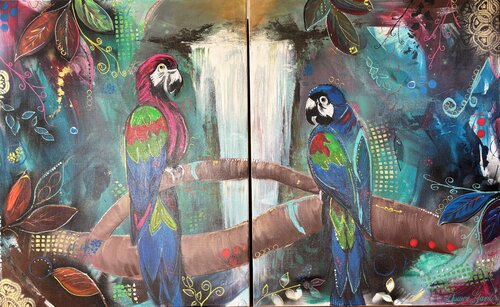 Duo - Lilac und Roy - Papageien im Dschungel / Parrots Jungle by Nicole Adolph, Painting for Sale on Select