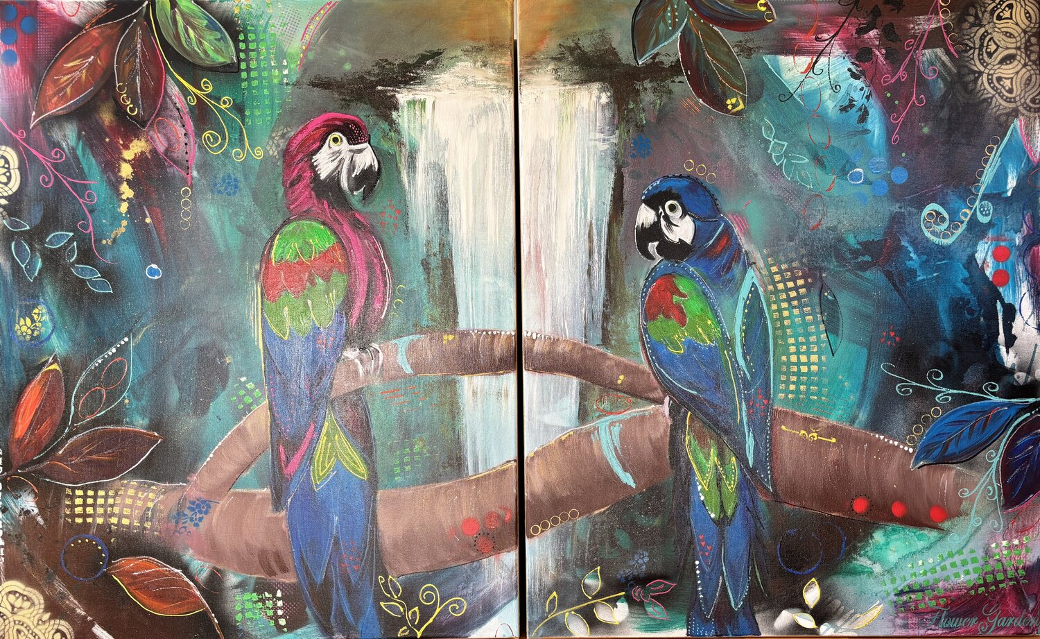 Duo - Lilac und Roy - Papageien im Dschungel / Parrots Jungle Nicole Adolph Original painting for sale