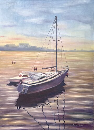 Sailboats at Sunset by Oksana Salminen, Painting for Sale on Select