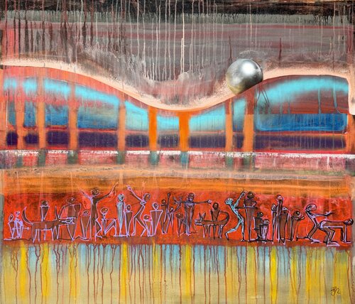 Experimental Landscape with figures passing through by PJ Riley, Painting for Sale on Select