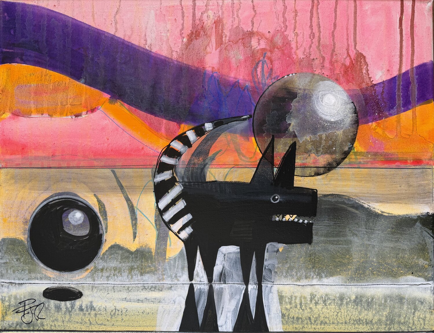 Dog with Striped Tail PJ Riley Original painting for sale