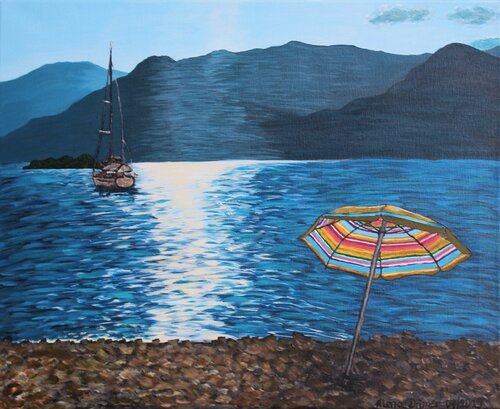 Vergessener Sonnenschirm und Sonnenuntergang am Gardasee by Alena Drisner, Painting for Sale on Select