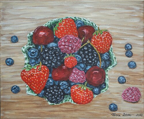 Schale mit verschiedenen leckeren Beeren und Kirschen by Alena Drisner, Painting for Sale on Select