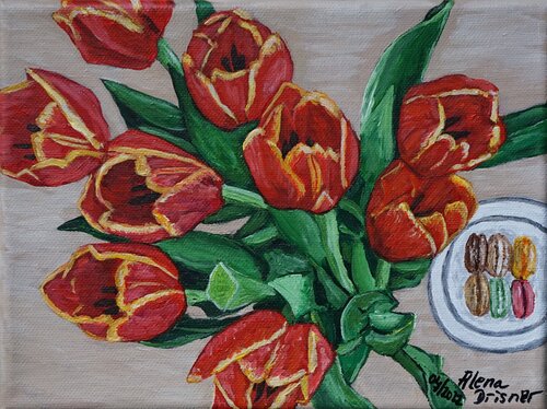 Rote Tulpen und Macarons by Alena Drisner, Painting for Sale on Select
