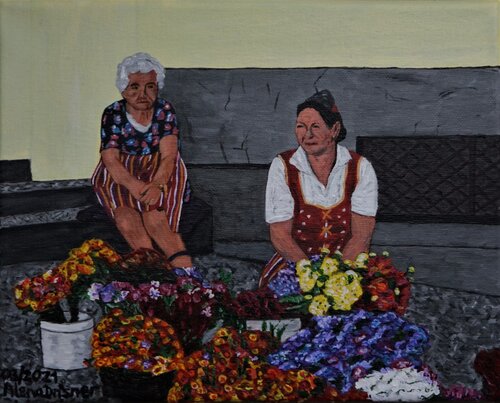 Frauen beim Blumenverkauf in der Hauptstadt Funchal auf der Blumeninsel Madeira by Alena Drisner, Painting for Sale on Select