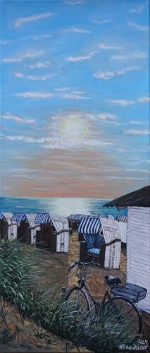 Mit dem Fahrrad am Strand beim Sonnenuntergang by Alena Drisner, Painting for Sale on Select