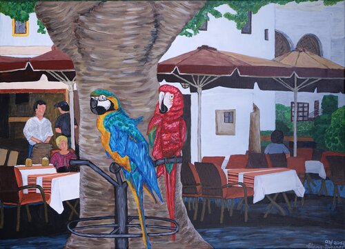 Zwei wartende Papageien vor dem Café auf Rhodos by Alena Drisner, Painting for Sale on Select