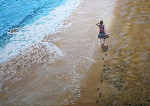 Spaziergang am langen Strand der Insel Porto Santo im Atlantischen Ozean by Alena Drisner, Painting for Sale on Select