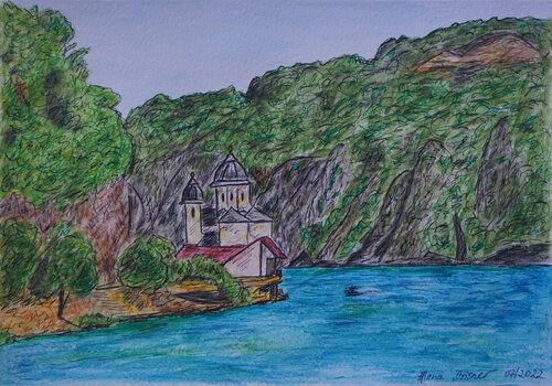 Das Mraconia-Kloster und die schöne Donau by Alena Drisner, Painting for Sale on Select