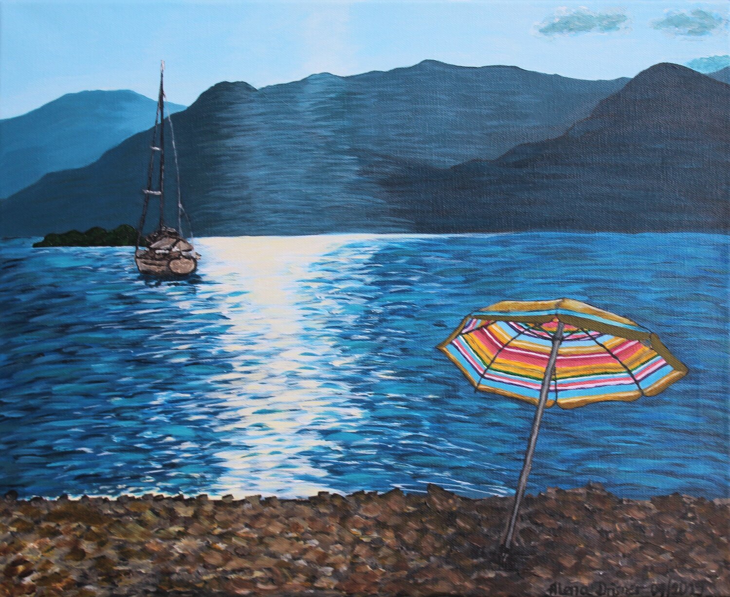 Vergessener Sonnenschirm und Sonnenuntergang am Gardasee Alena Drisner Original painting for sale