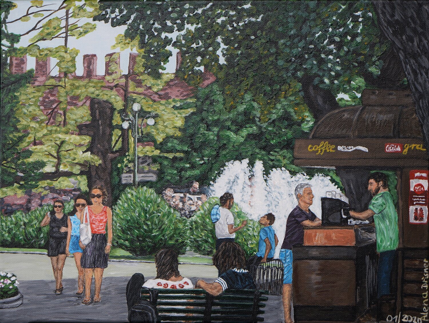 Menschen bei der Erholung in einem Park in Verona Alena Drisner Original painting for sale
