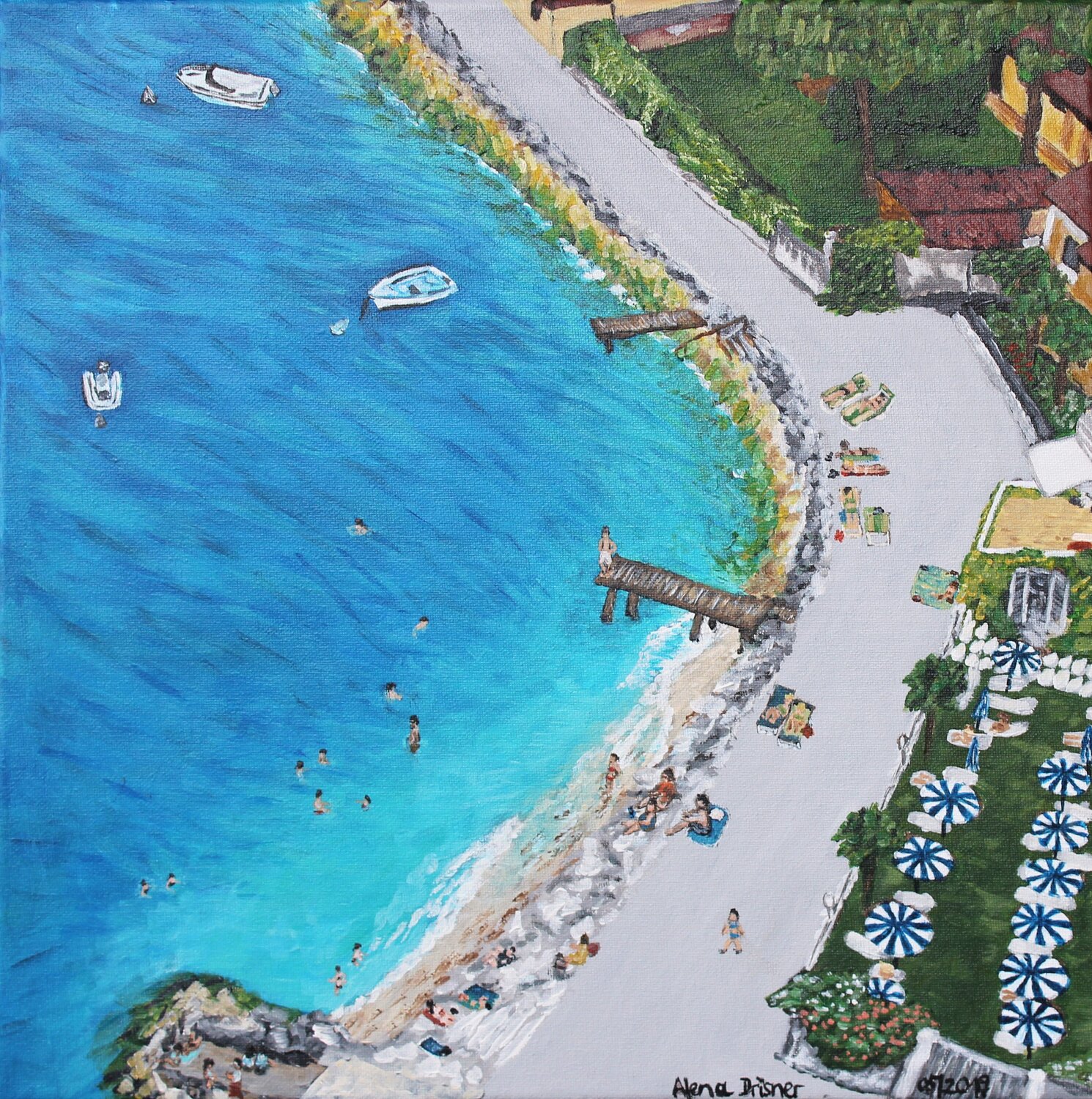 Schwimmen und Sonnen am Strand von Gardasee Alena Drisner Original painting for sale