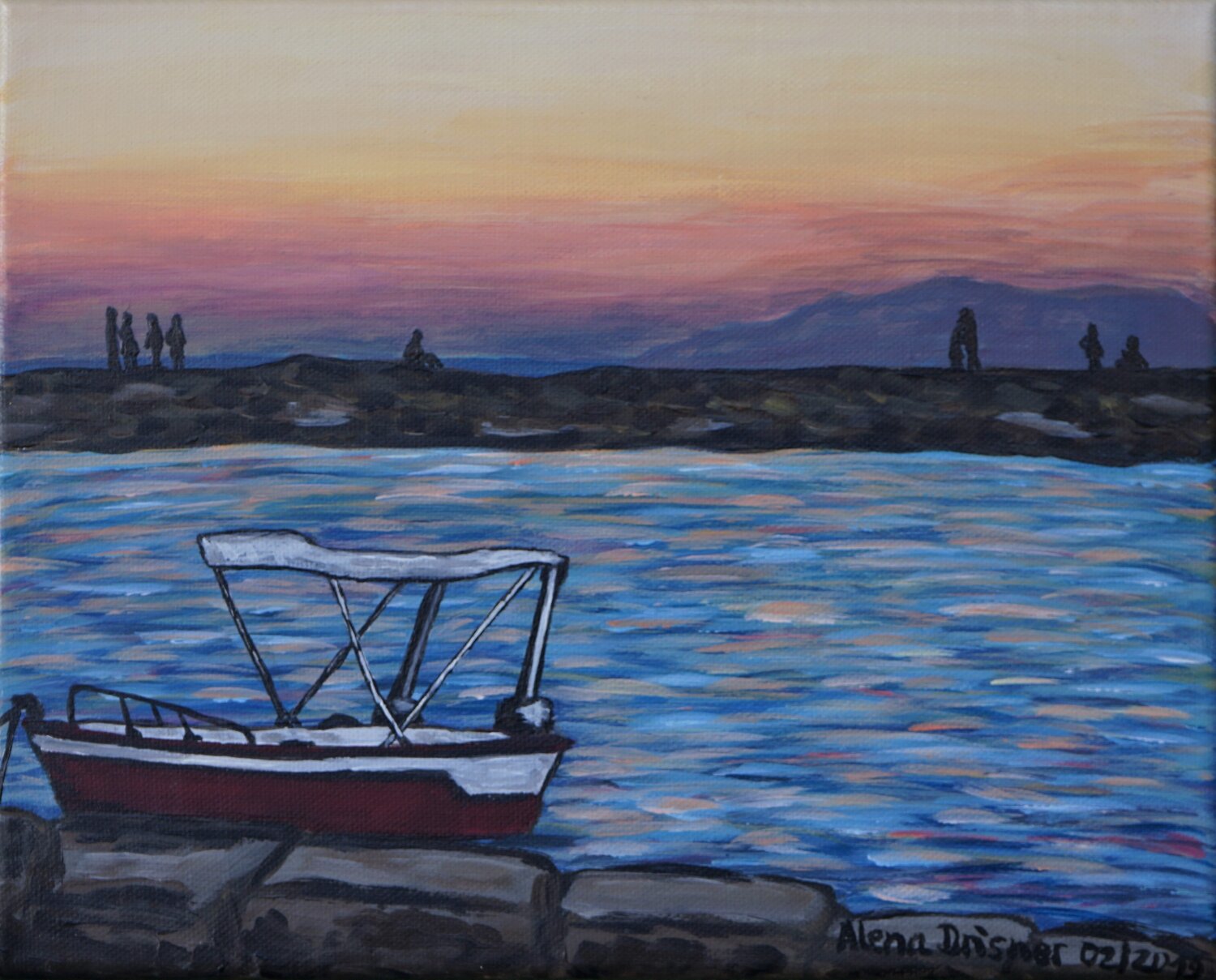 Boot beim Sonnenuntergang am Meer auf Kreta Alena Drisner Original painting for sale
