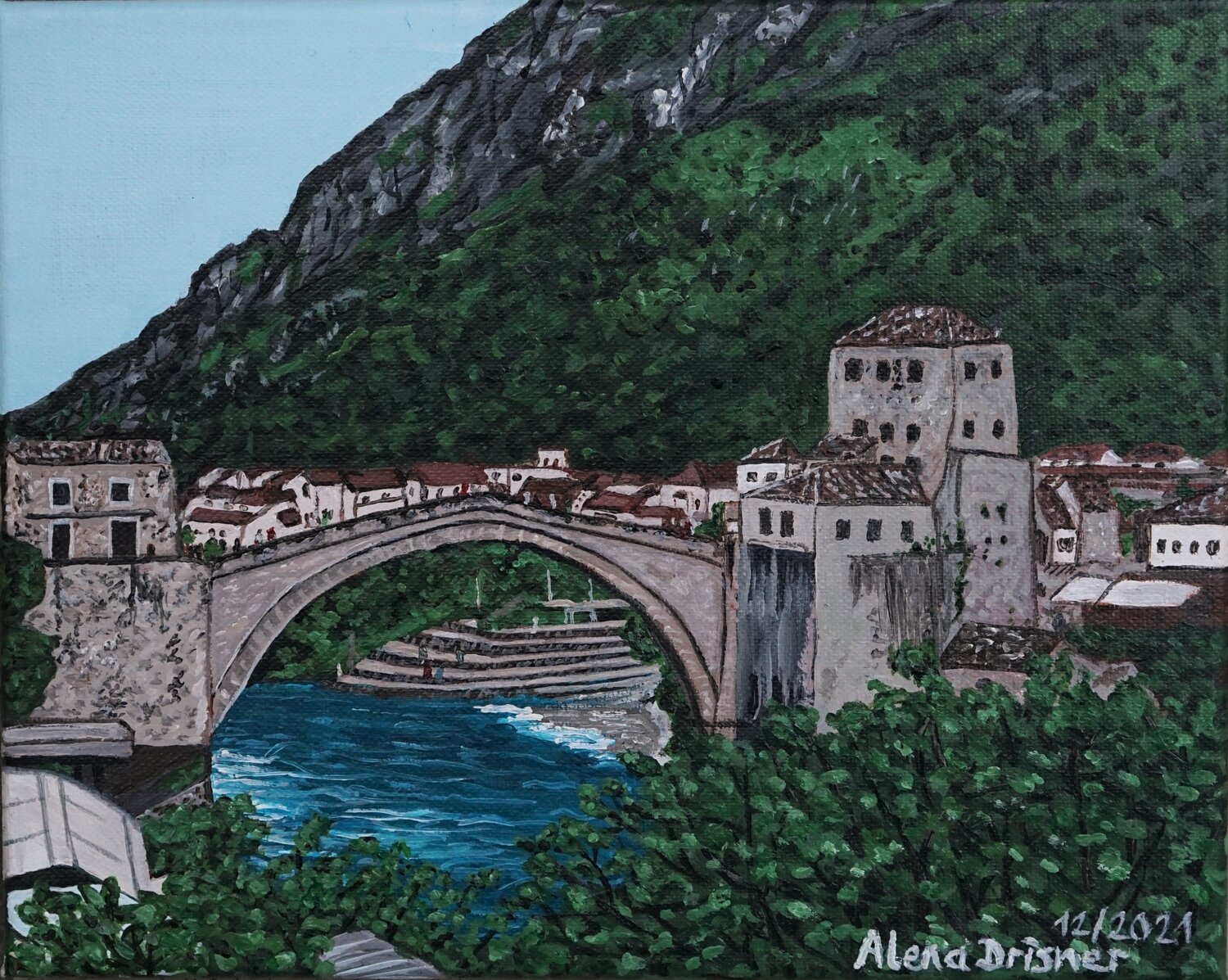 Bogenbrücke in Mostar in Bonsnien-Herzegowina Alena Drisner Original painting for sale