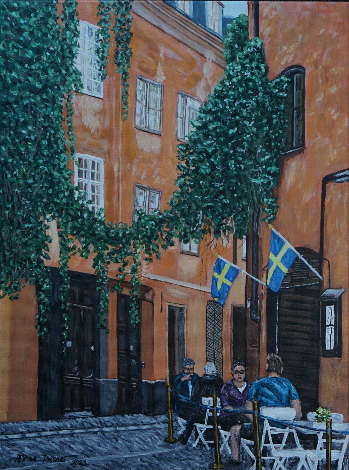 Altstadt und Cafe im Zentrum von Stockholm in Schweden Alena Drisner Original painting for sale