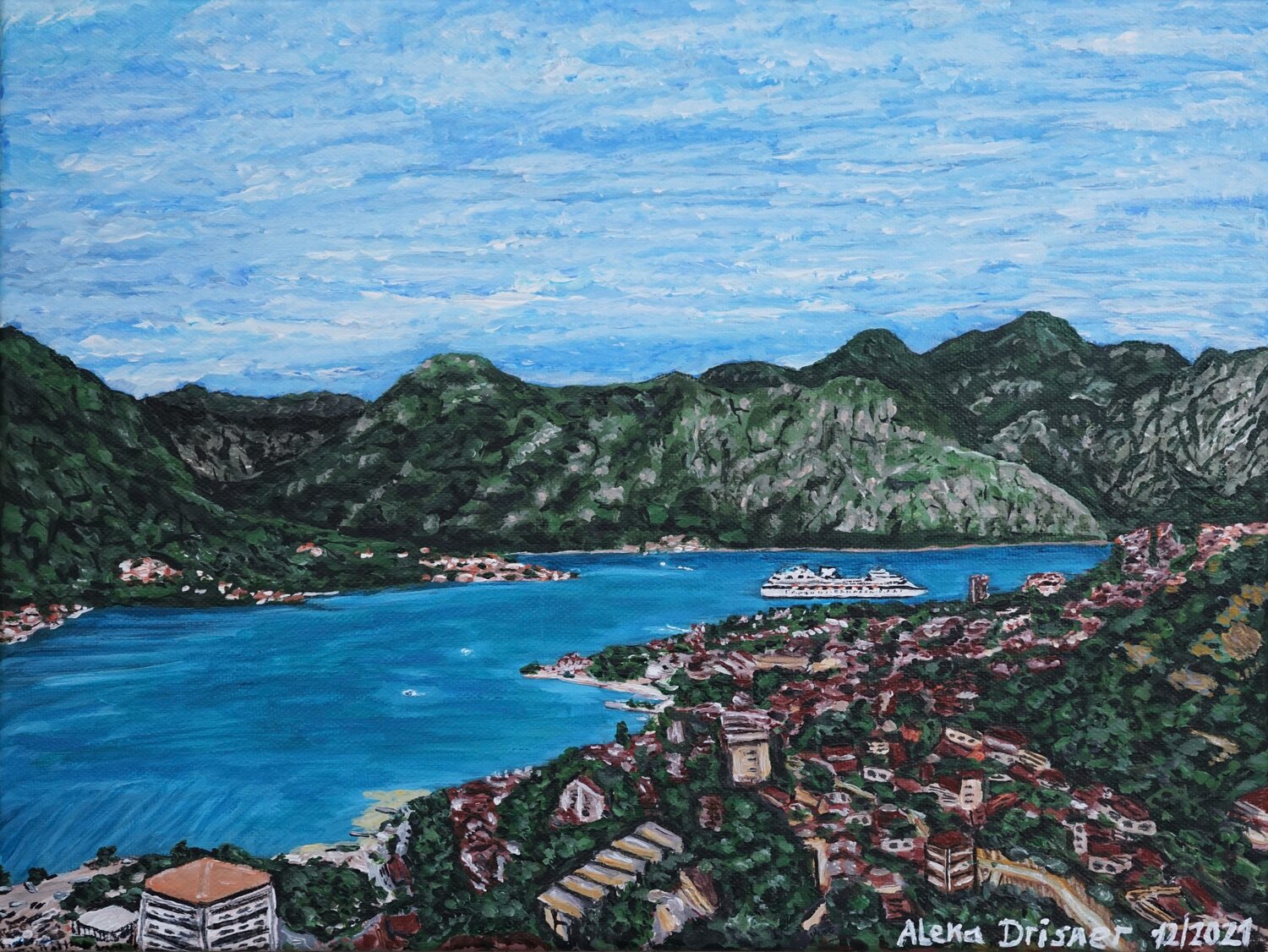 Blick auf die Kotor-Bucht in Montenegro Alena Drisner Original painting for sale